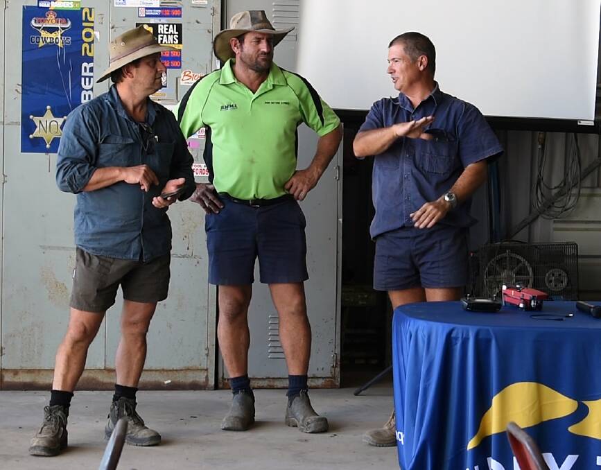 Burdekin cane growers Steve Pilla, Michael Minuzzo, and Russell Jordan at the Automated Irrigation shed meet at Russell's Upper Haughton farm.