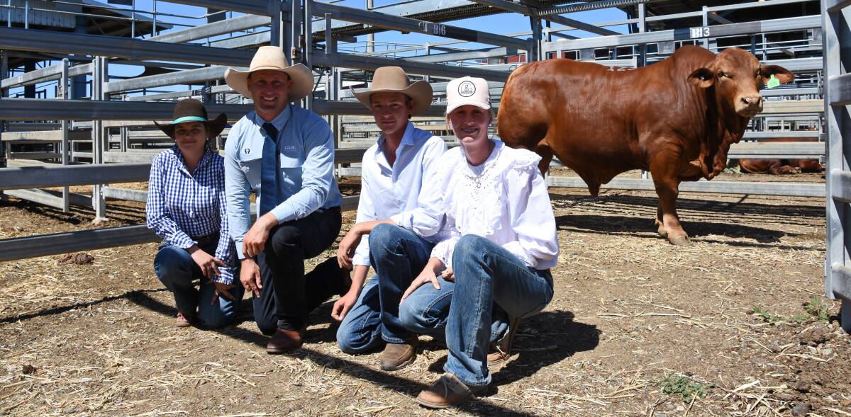 Meg Ingram, Skye Cattle Company, Alpha, auctioneer Josh Heck, GDL, and Callan and Tayla Childs, Glenlands D stud, with the Childs family's $120,000 purchase, Skye Gene (S).