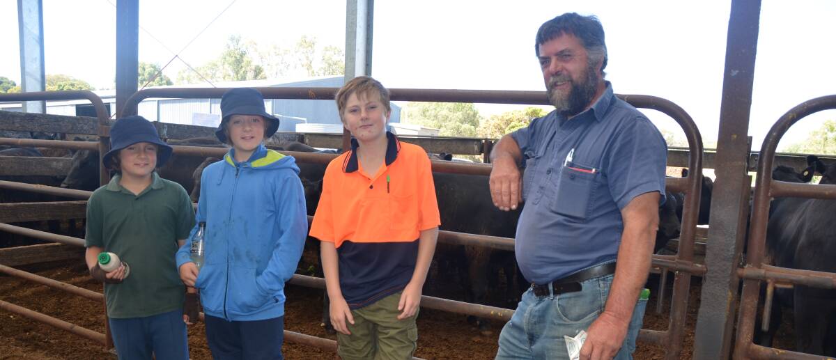CATCH UP: Brothers Nathan Rosmann, Lochaber, 8, and Travis Rosmann, 10, on the rails with Ryan O'Shaughnessy, Naracoorte, 10, and their father Michael Rosmann.