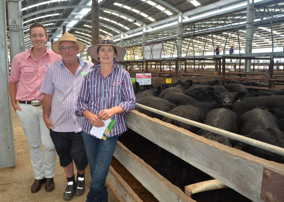 OUTSTANDING LINES: Elders Lucindale branch manager Ronnie Dix with WV James & Son's Jim James and Wendy James-Ross, Lucindale. WV James & Son topped the steer sale at $1640 and averaged a massive $1520. The average weight of their steers was 393 kilograms, about 40kg higher than the same time last year.