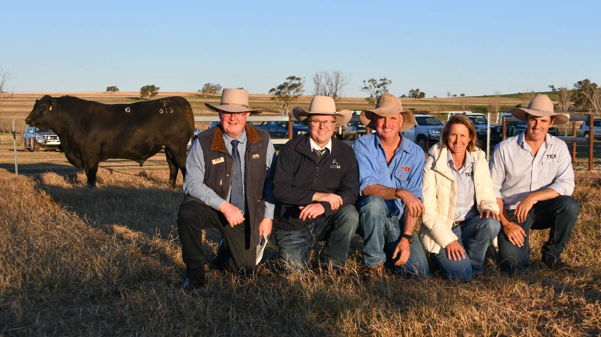 The $108,000 bull with GDL agent Harvey Weyman-Jones, GTSM auctioneer Michael Glasser, Texas Angus stud principal's Ben and Wendy Mayne and Texas cattle overseer Hayden Chappel. 