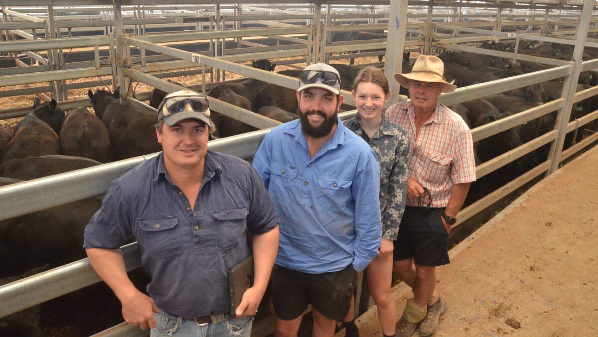 Rodda Manning, Harry Lovick, Matilda Reeve and Rod Manning of Davilak Pastoral, Mansfield, presented 600 steers aged 10 to 11 months of Glendaloch blood at the Blue Ribbon Weaner Sale at Wodonga on Thursday. Rodda Manning estimated the whole draft averaged 320 kilograms and the top 300 head 350kg. Their top pen sold for $1190 with an average weight of 367kg. Photo by Mark Griggs.