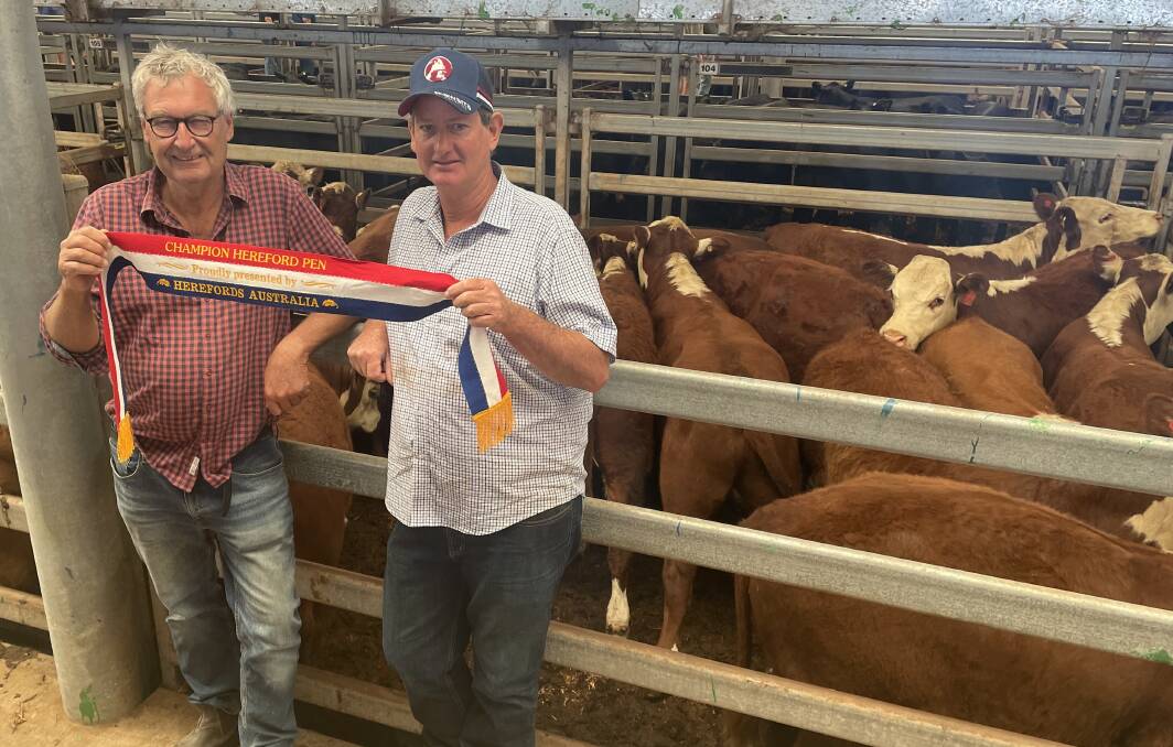 The champion pen of Hereford steers was awarded to David Sleigh, Sleigh Farming, Bayunga, Ruffy, Victoria, for 378kg Allandale-, Mawarra-, Wirruna-blood weaners that sold for $1925 a head. Mr Sleigh is with Peter Sykes, Mawarra, Longford, Victoria.