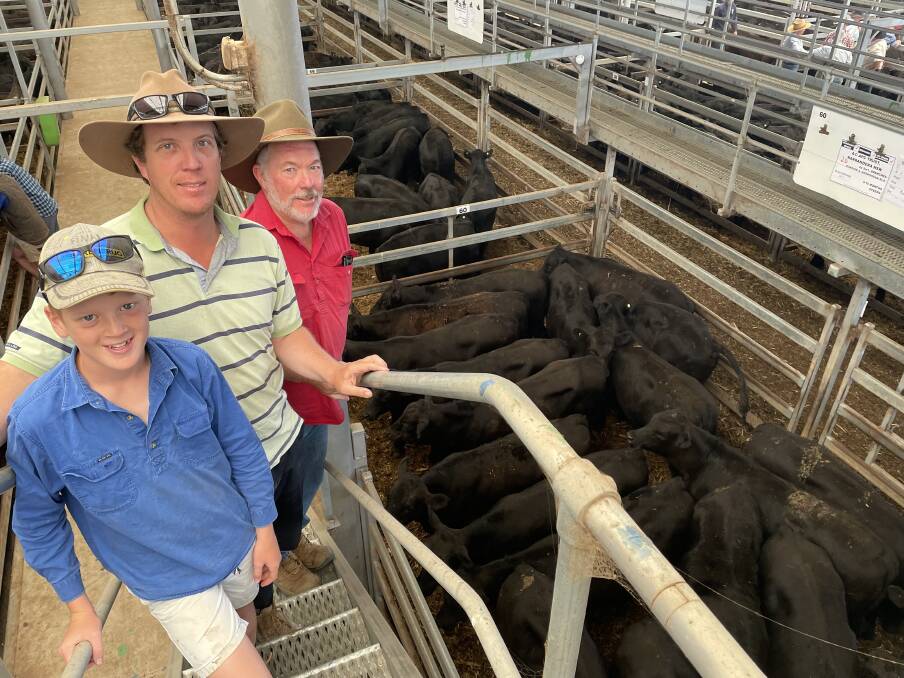 Riley, Dave and Warwick Anderson, APC Trust, Narrandera, sold 341kg nine- to 10-month-old Dunoon and Ardrossan blood steers for $1740 at the Premier Angus Grown and Weaner Sale at Northern Victorian Livestock Exchange, Wodonga, on Wednesday. Photo: Alexandra Bernard