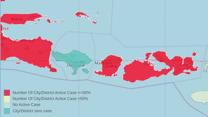Islands to the east of Bali (shown in dark green) now have greater than 50 per cent FMD cases. Picture - Indonesian Ministry of Agriculture