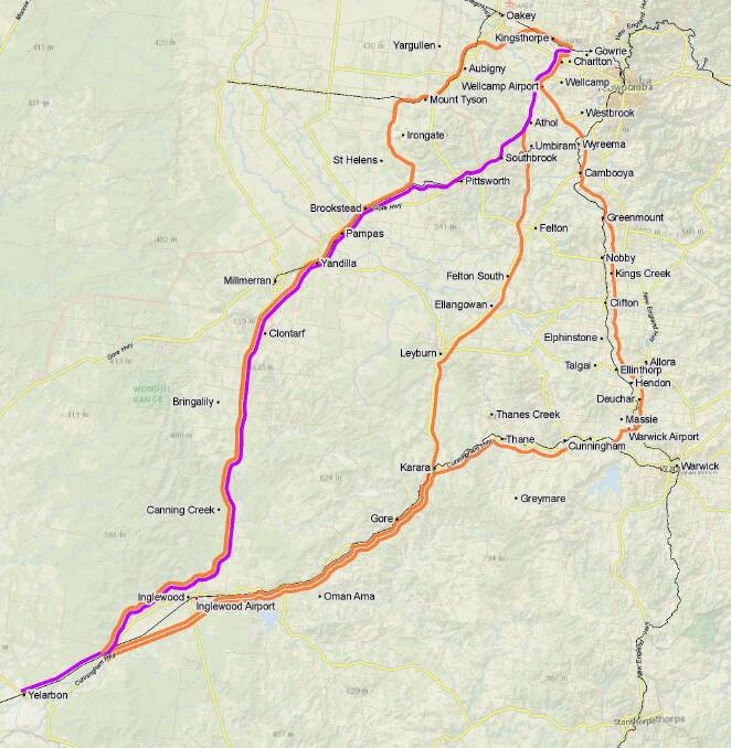 The announced inland rail route is marked in purple and includes 16km of the Condamine floodplain. 