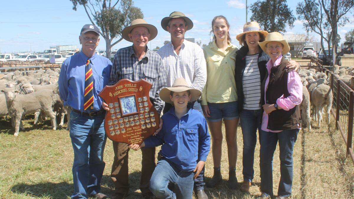 The Wetthenhall family of Mark, Hugh, Sarah and Fiona were proud first-time winners of the John Wells Memorial Shield for the highest priced young ewes. They are pictured with Andy Madigan, ALPA, Ross Wells and Caroline Heath (nee Wells).