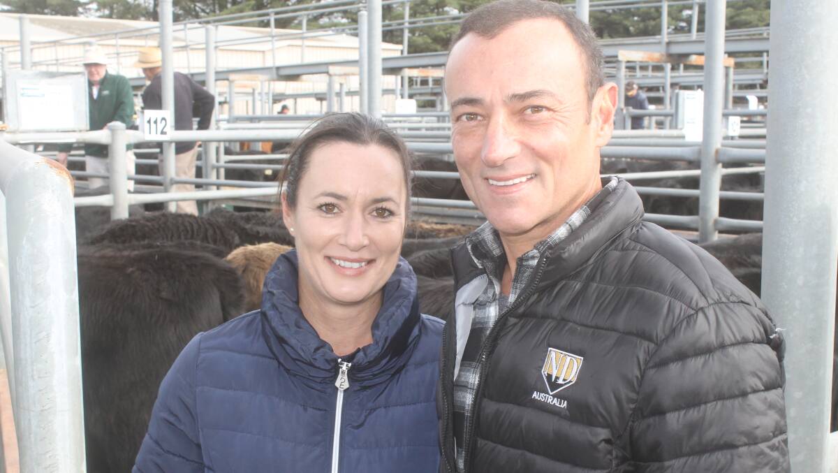 Janine Orpwood and partner Frank Vella sold 53 Angus-cross weaners, by Webb Black Simmental bulls, from their Woodend property on a difficult day at Kyneton  