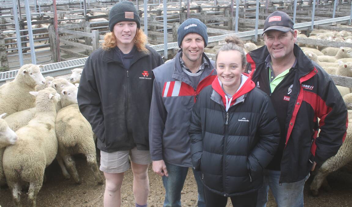 The Mortlock family, Dunluce, Jye, Brent, Zali and Andy, pictured with their $260/head bean and oats finished lambs, which achieved the second best price at Ballarat. 